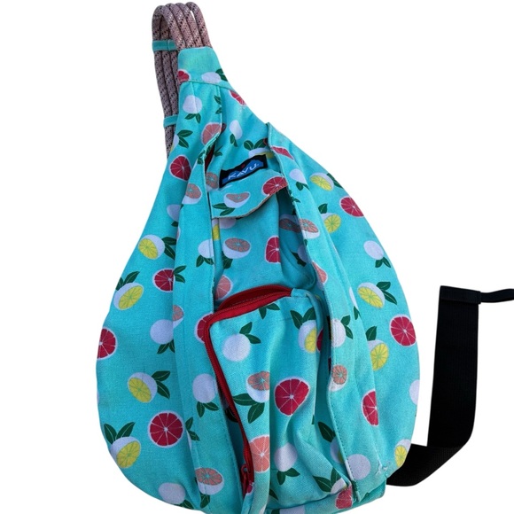 KAVU Rope Sling Bag Backpack Citrus Print Teal Fruit Outdoor Travel Crossbody - Picture 1 of 8